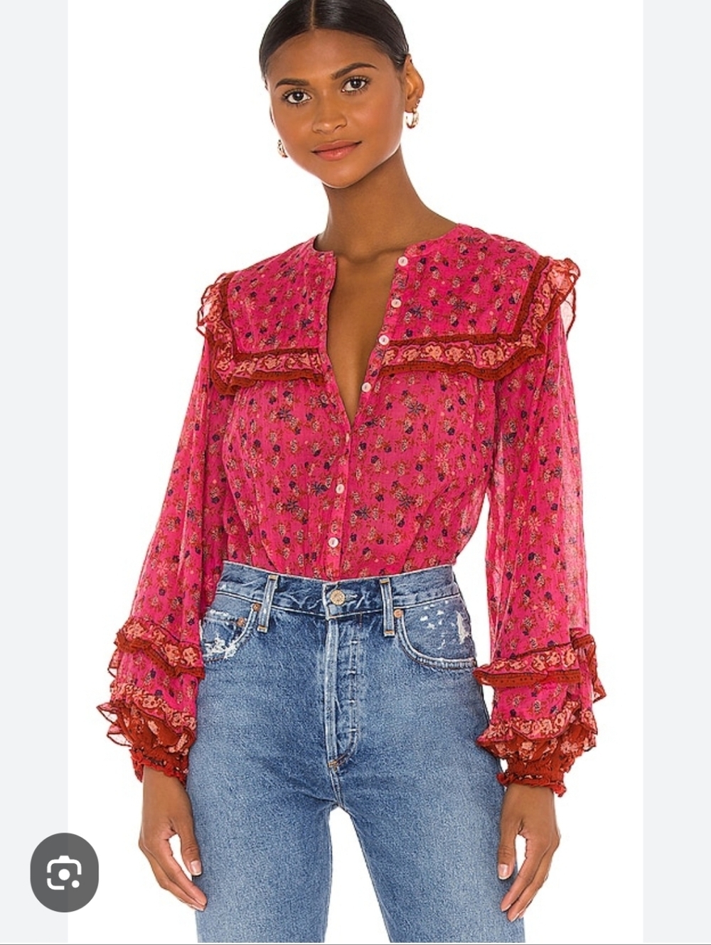 Free People Jenna Floral Ruffle Button-Front Blouse - Pink